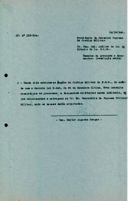 Ofício 165-Pres/1946 - Encaminha para o STM os processos da 1ª Aud/1ª DIE