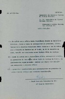 Ofício 212-Sec/1946 - Encaminha para o STM os processos e documentos do CSJM